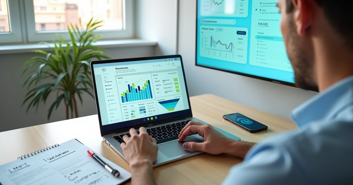 Empreendedor analisando validação de uma ideia SaaS no laptop com gráficos de mercado na tela 