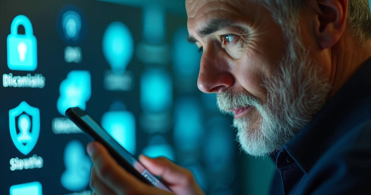 Homem usando biometria facial em smartphone para validação de identidade. 