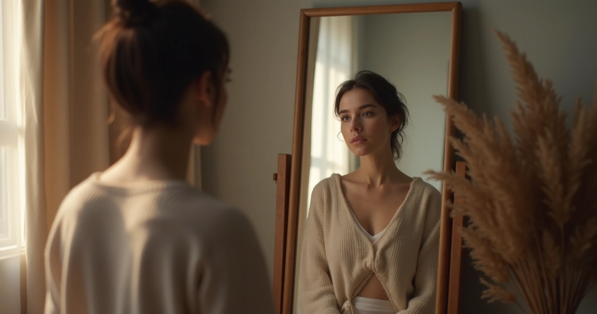 Pessoa olhando para si mesma no espelho com expressão serena