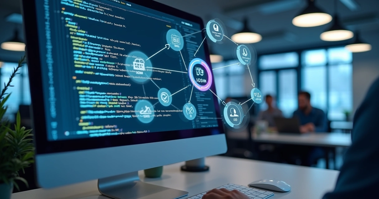 Tela de computador exibindo código JSON Schema com gráficos e elementos de integração API ao fundo