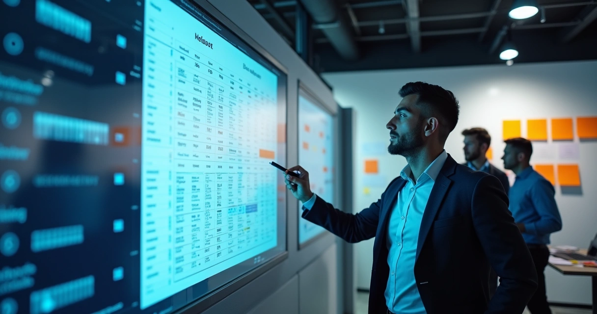 Profissional analisando dados em planilha projetada numa tela 