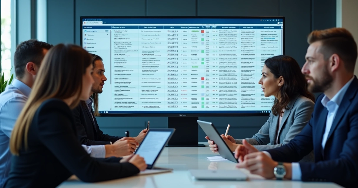 Equipe de marketing conferindo uma lista de e-mails em tela grande 