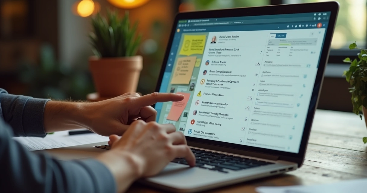 Profissional validando lista de contatos em notebook 