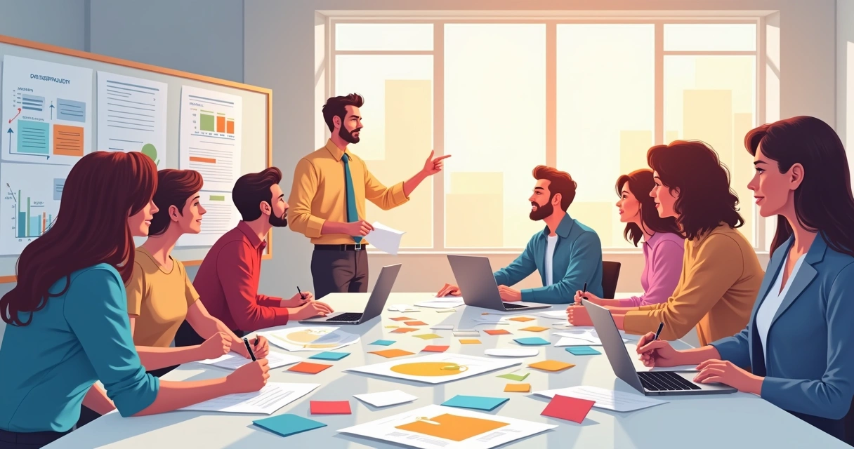 Equipe diversa colaborando em validação de mapeamento de processos em um escritório moderno.