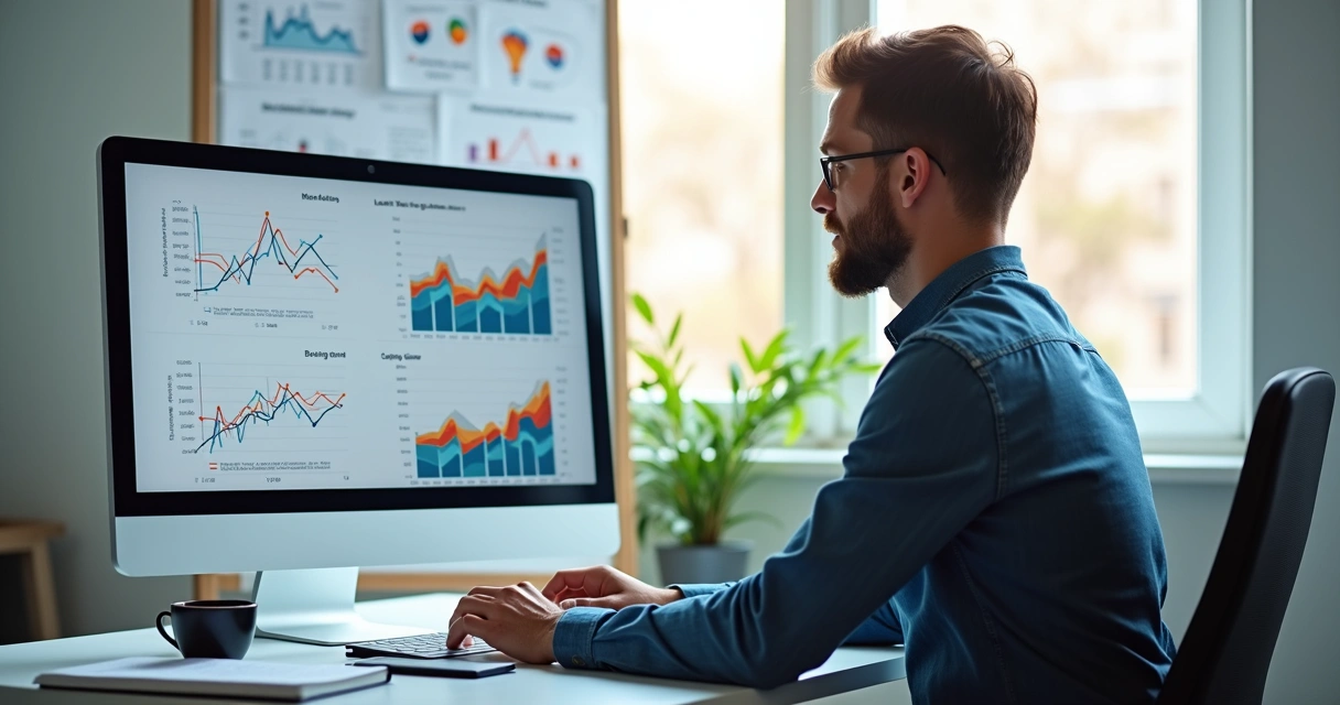 Empreendedor analisando gráficos de marketing digital em computador com visualização de métricas e resultados 