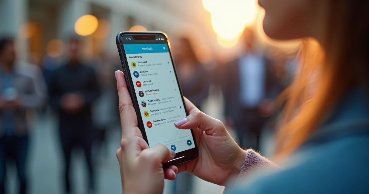 Mão feminina segurando um celular exibindo redes sociais com notificações de curtidas e comentários, fundo desfocado de pessoas interagindo 