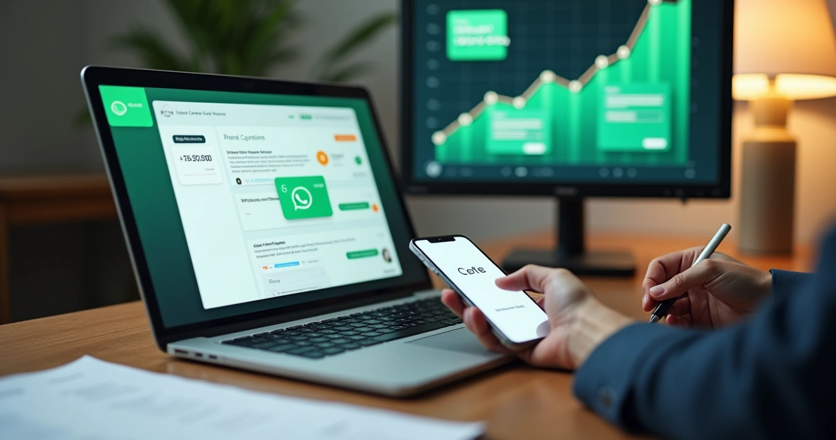 Analista conferindo pagamento digital no notebook com tela de WhatsApp aberta 