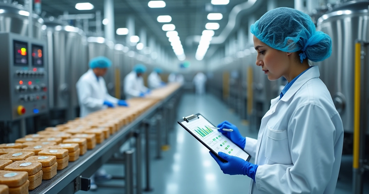 Engenheira analisando prancheta em linha de produção de alimentos com tablet e checklists digitais 