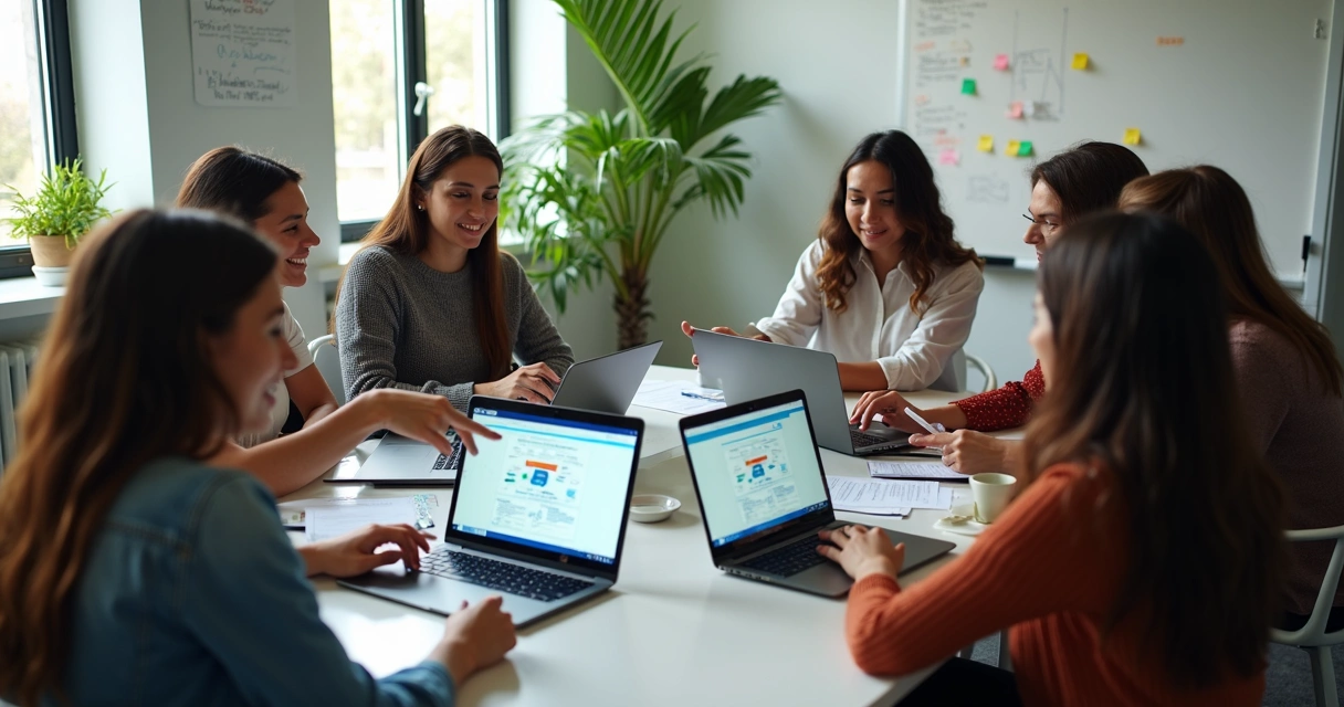 Equipe analisando dashboards coloridos no notebook em ambiente moderno 