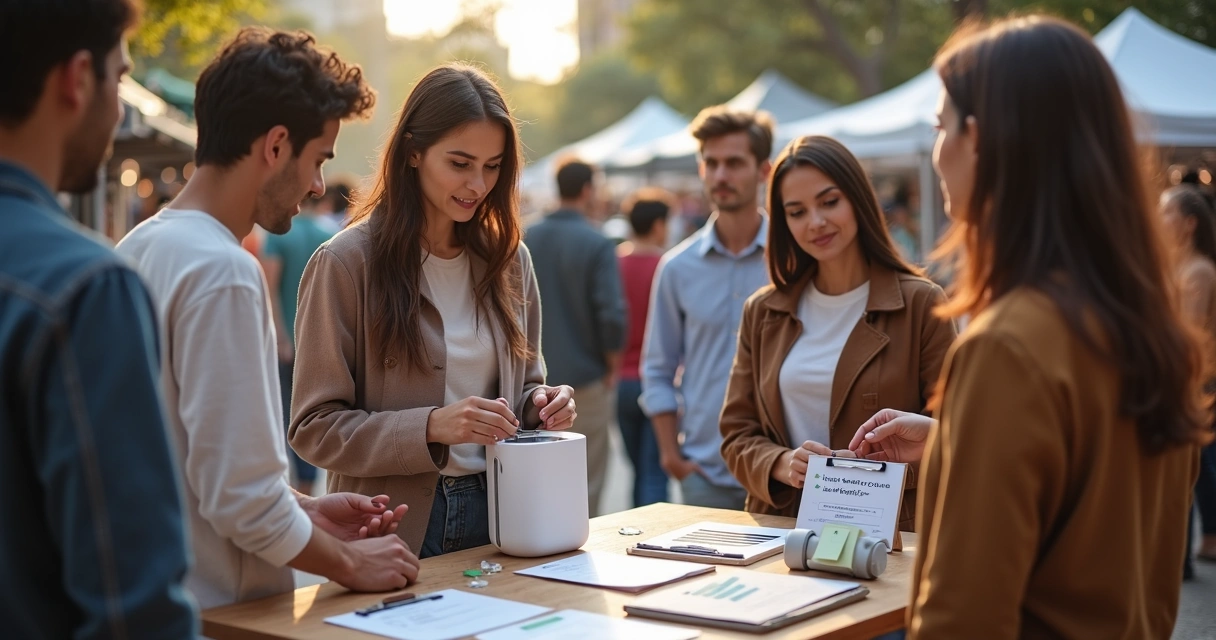 Empreendedor testando produto físico com consumidores em uma feira de rua 
