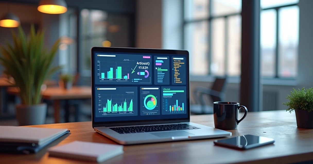 Mesa de trabalho com laptop exibindo gráficos e análises de dados para validar software SaaS 