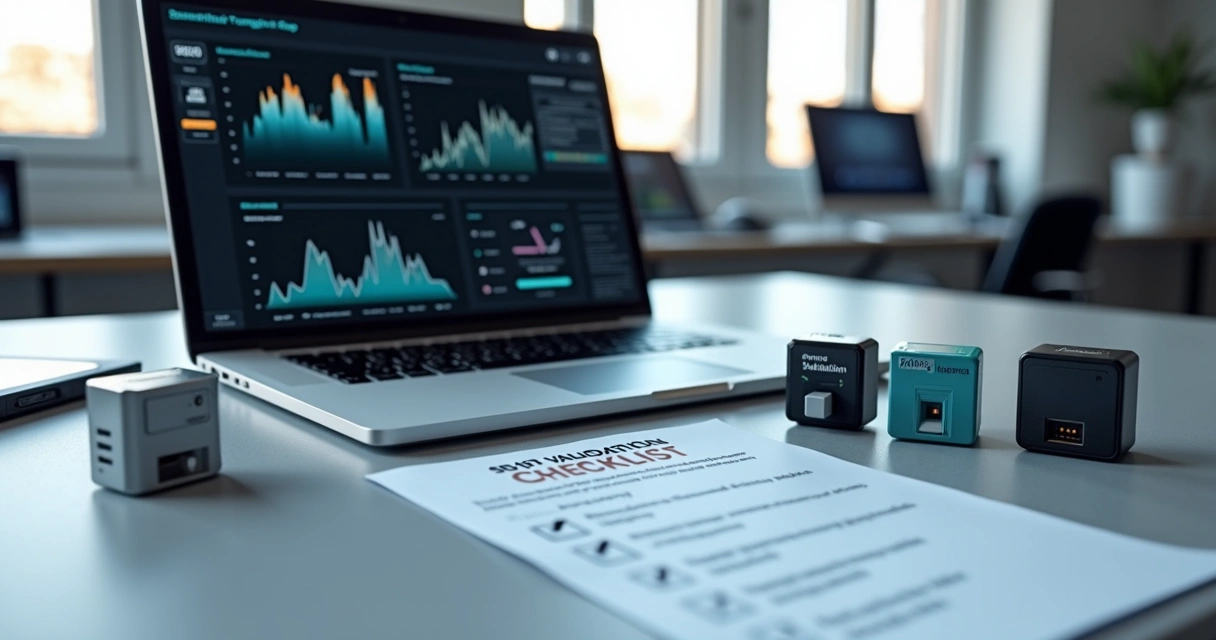 Mesa de escritório com sensores IoT, laptop exibindo gráficos de monitoramento e checklist impresso para validação de sensores 