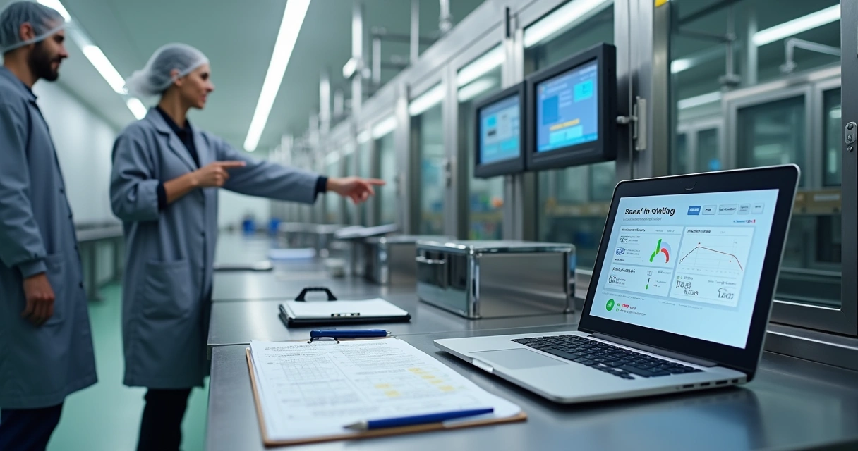 Profissionais revisam validação de software de monitoramento em linha de produção industrial 