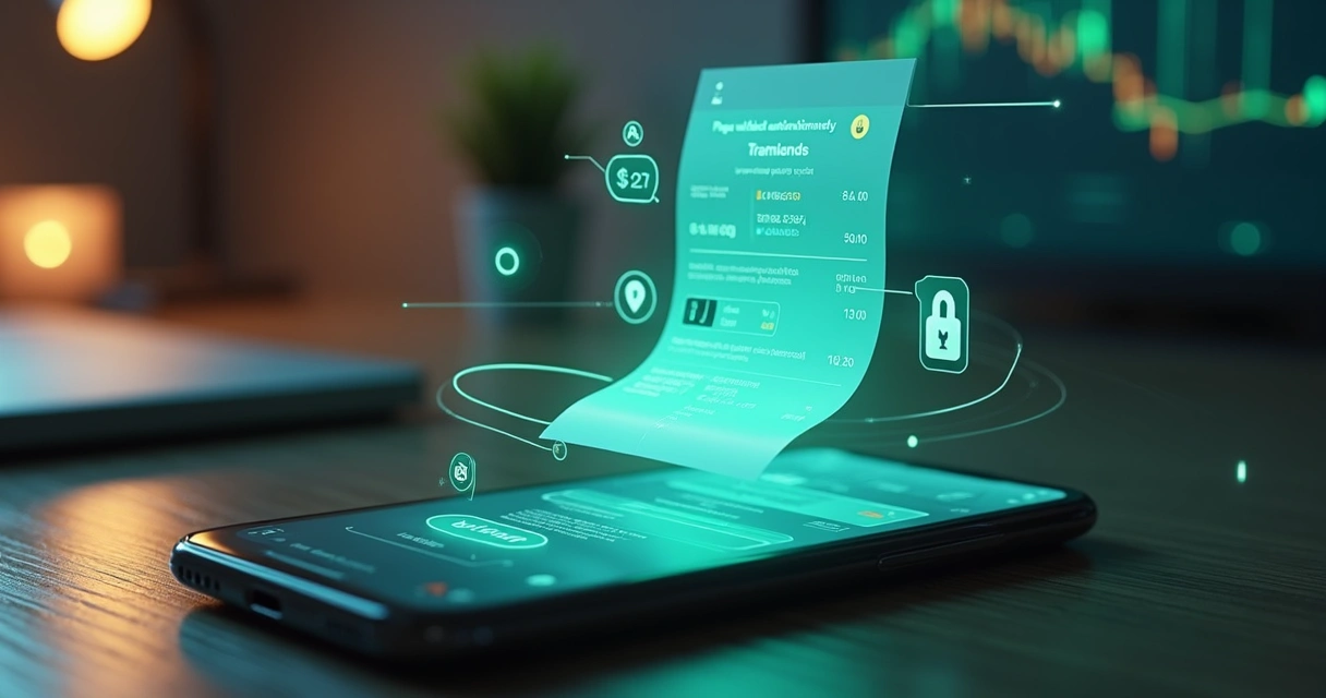 Comprobante bancario digital flotando sobre un celular con validación automática en pantalla 