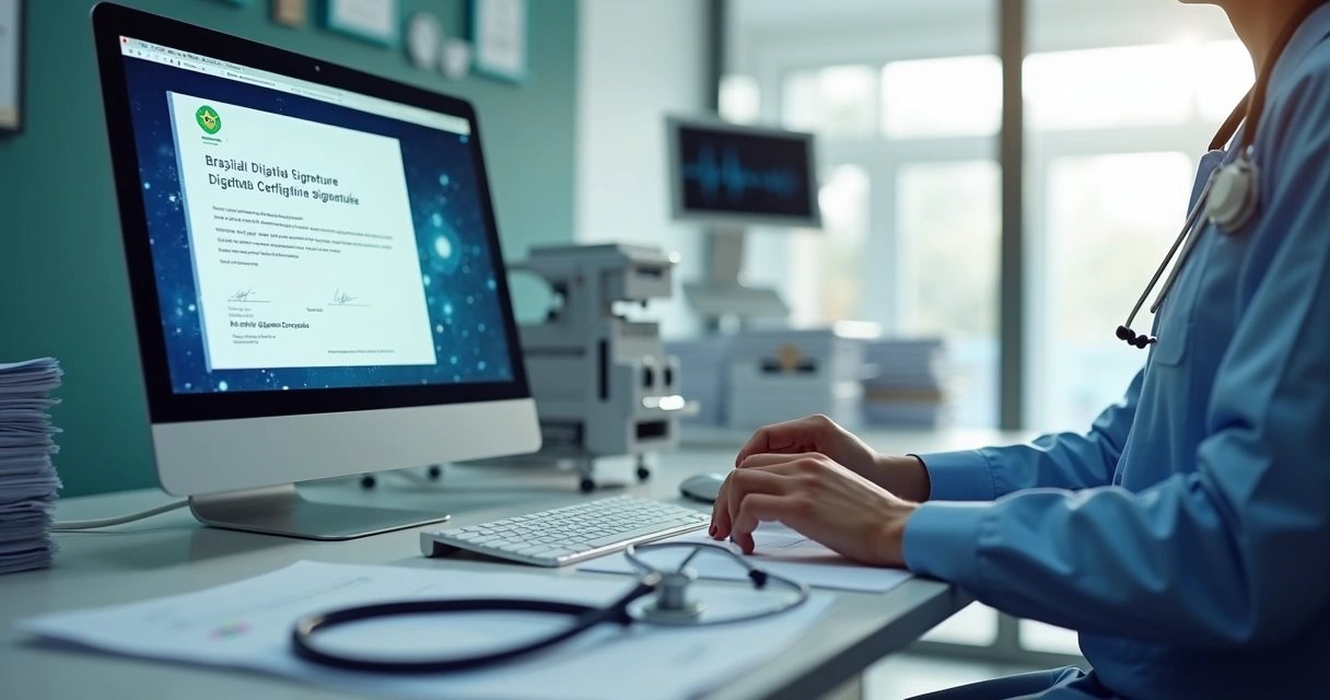 Certificação digital na tela de um computador em consultório médico 