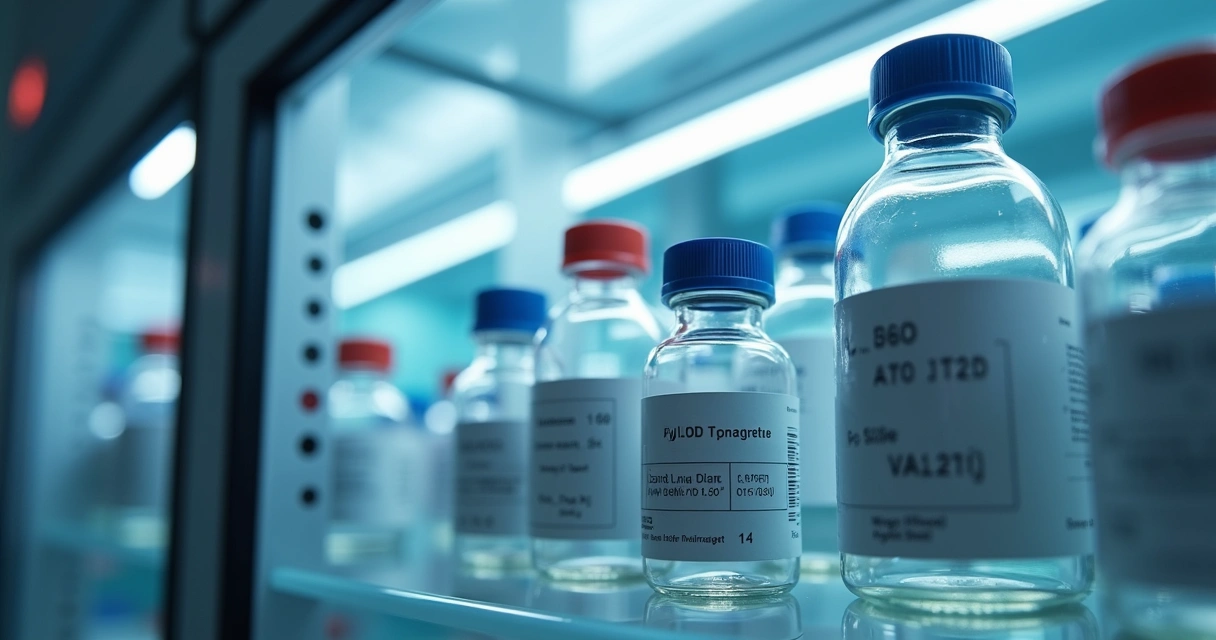 Frascos de reagentes armazenados corretamente em laboratório 