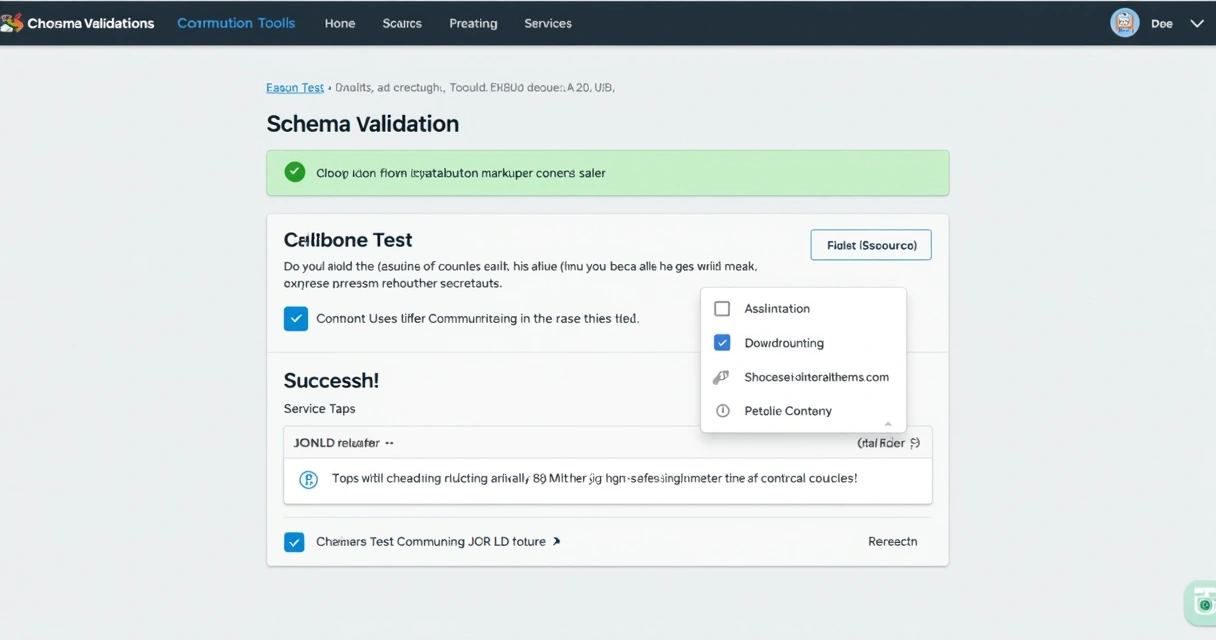 Tela simulada de ferramenta de validação de schema exibindo, no centro, o resultado de um teste com destaque em verde para sucesso 