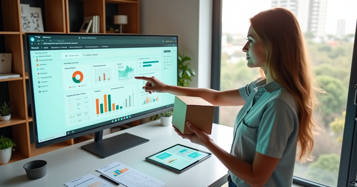 Empreendedora brasileira segura caixa de produto físico enquanto analisa interface digital em tela grande 