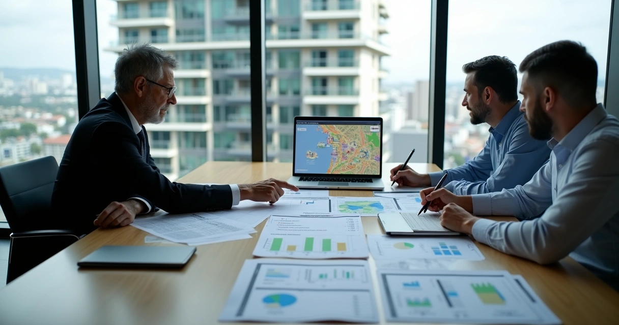 Síndico e proprietária analisando valor do condomínio em reunião com vista para prédio residencial 