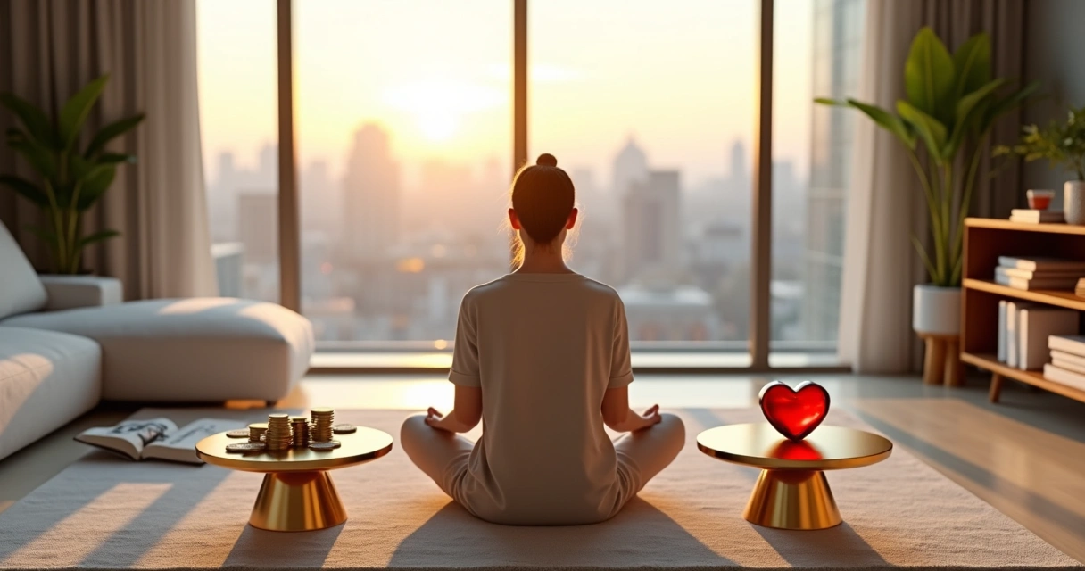 Pessoa meditando diante de balança com dinheiro e coração em equilíbrio 