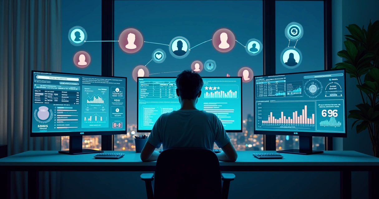 Persona frente a múltiples pantallas evaluando valor humano en entorno digital 