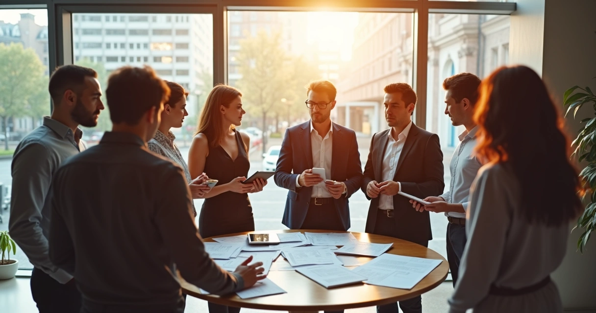 Equipe reunida em círculo, demonstrando colaboração com sorrisos e troca de ideias 