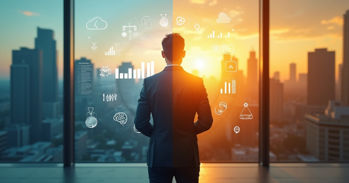 Persona frente a un cristal con su reflejo mezclado con gráficos y símbolos humanos 