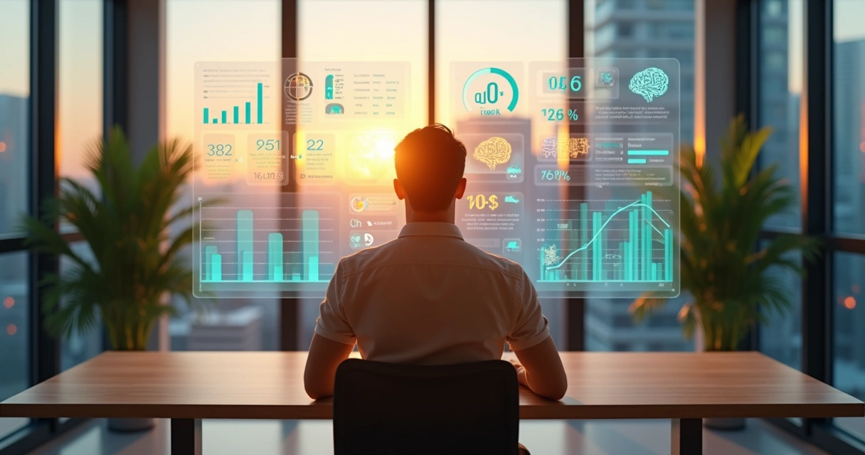 Profesional en oficina mirando un tablero con indicadores humanos y de productividad equilibrados 