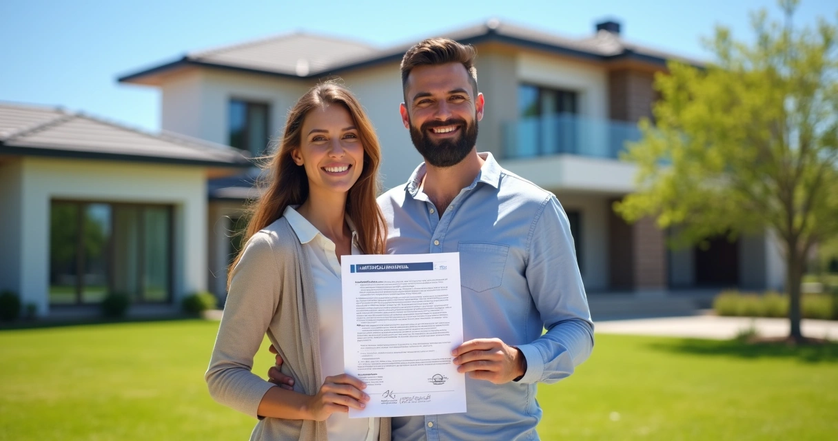 Casal feliz segurando escritura de imóvel recém-desmembrado 