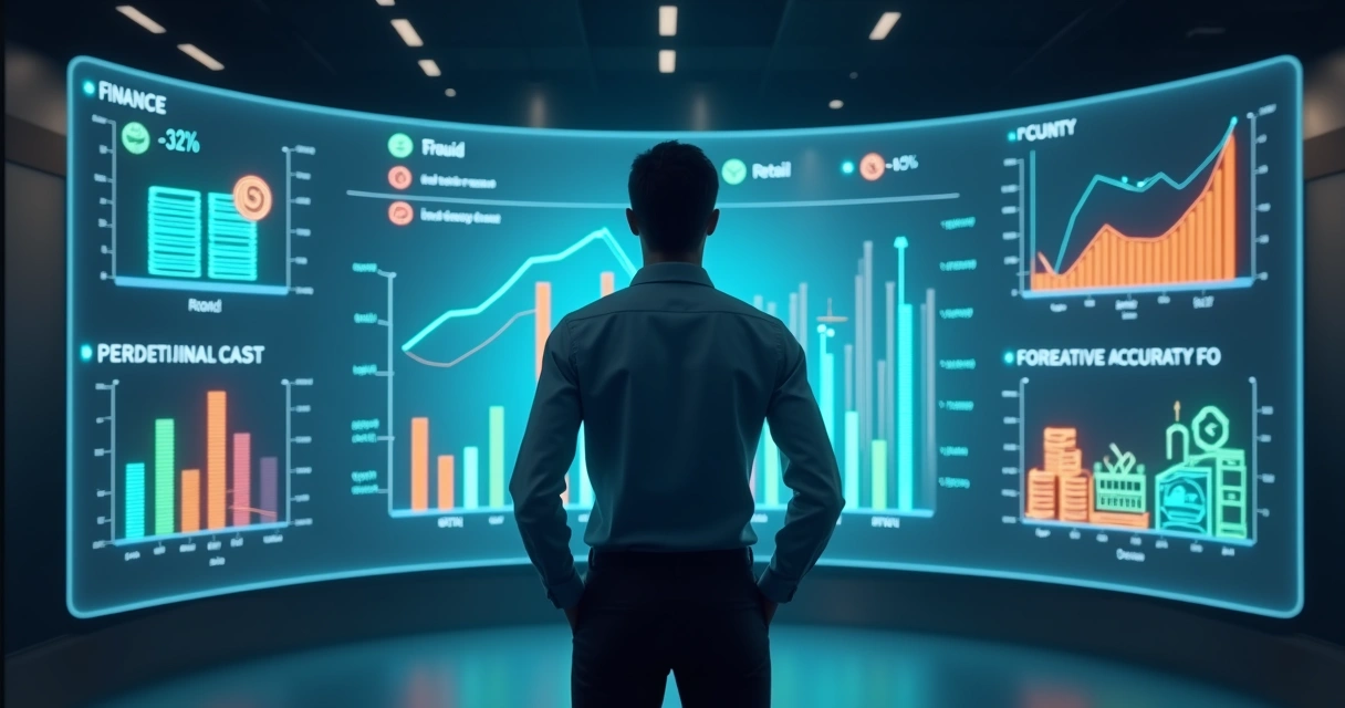 Gestor analisando painel 3D de métricas de inteligência artificial no negócio 
