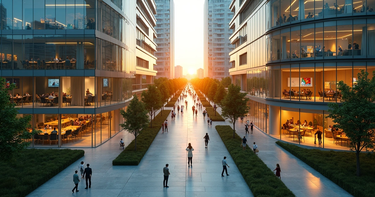 Dos edificios transparentes muestran redes internas distintas conectadas por una avenida central 