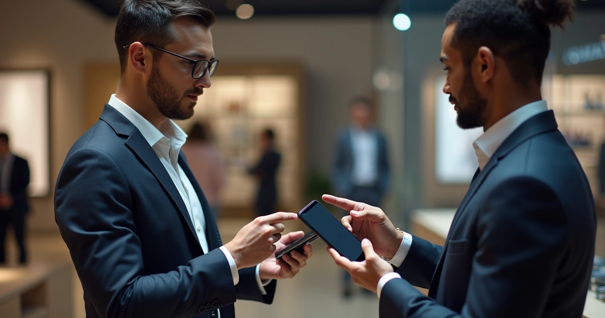 Cliente analisa produto enquanto vendedor explica valor 