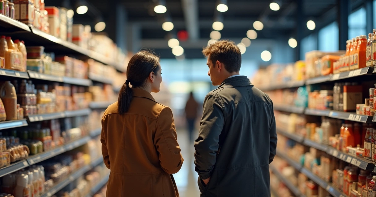 Clientes analisando prateleiras com produtos variados em loja iluminada