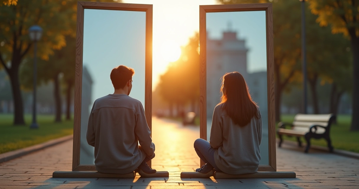 Persona reflejada en dos espejos mostrando confianza interna y búsqueda de aprobación externa 