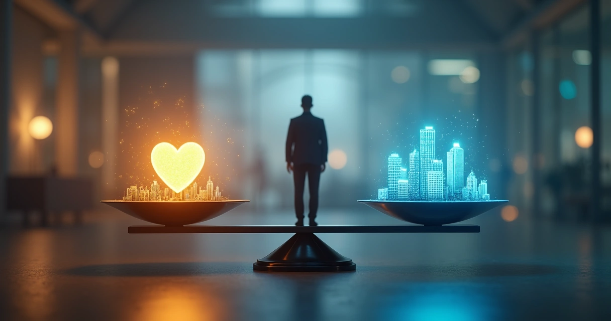 Silhueta humana diante de balança luminosa simbolizando valor pessoal e social 