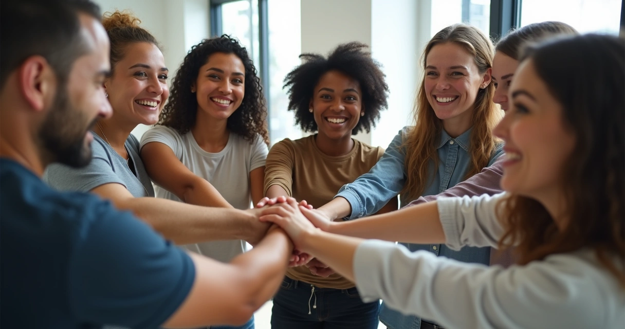 Equipe em círculo demonstrando colaboração e conexão 