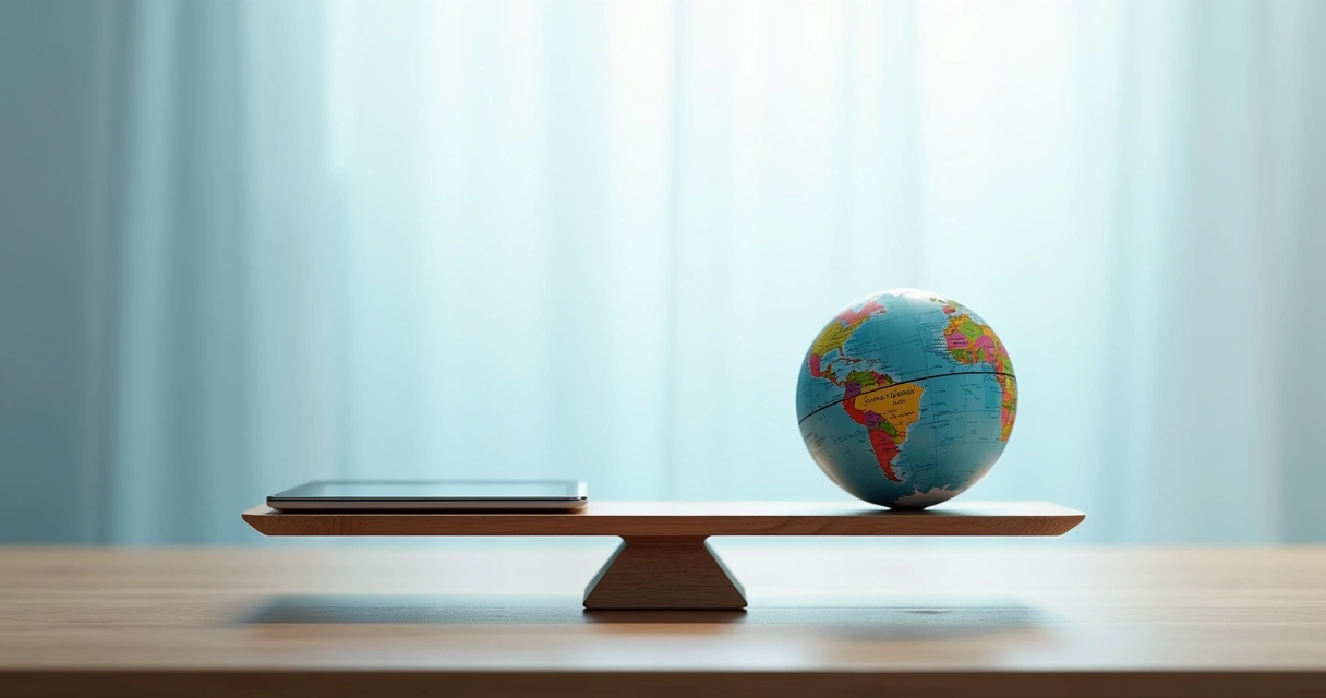 Balanza con objeto tecnológico y mapa mundial en fondo claro 