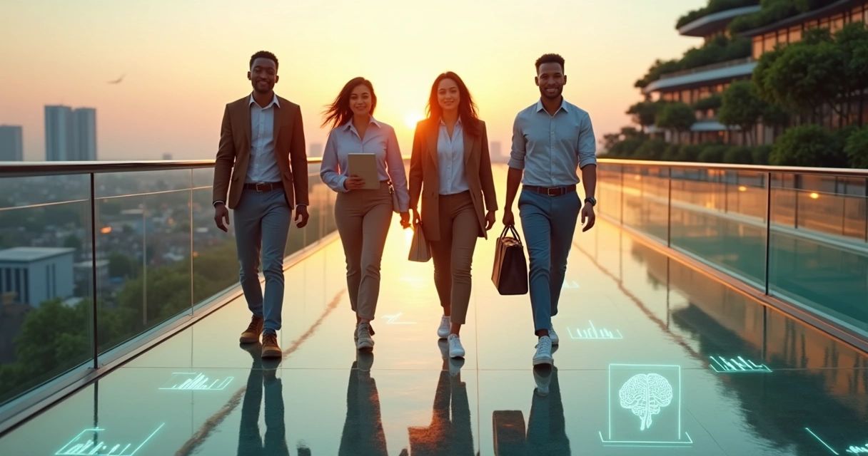 Equipe caminhando por ponte luminosa equilibrando trabalho e bem-estar mental 