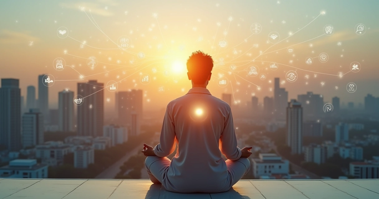 Persona meditando frente a una ciudad conectada por redes de luz 