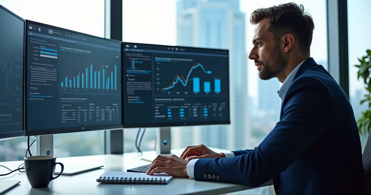 Analista em escritório moderno analisando gráficos financeiros de valor vitalício do cliente no monitor 