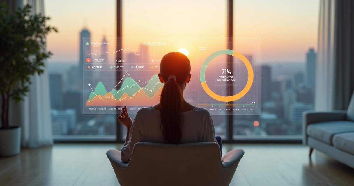 Pessoa em meditação analisando painel digital com métricas emocionais 