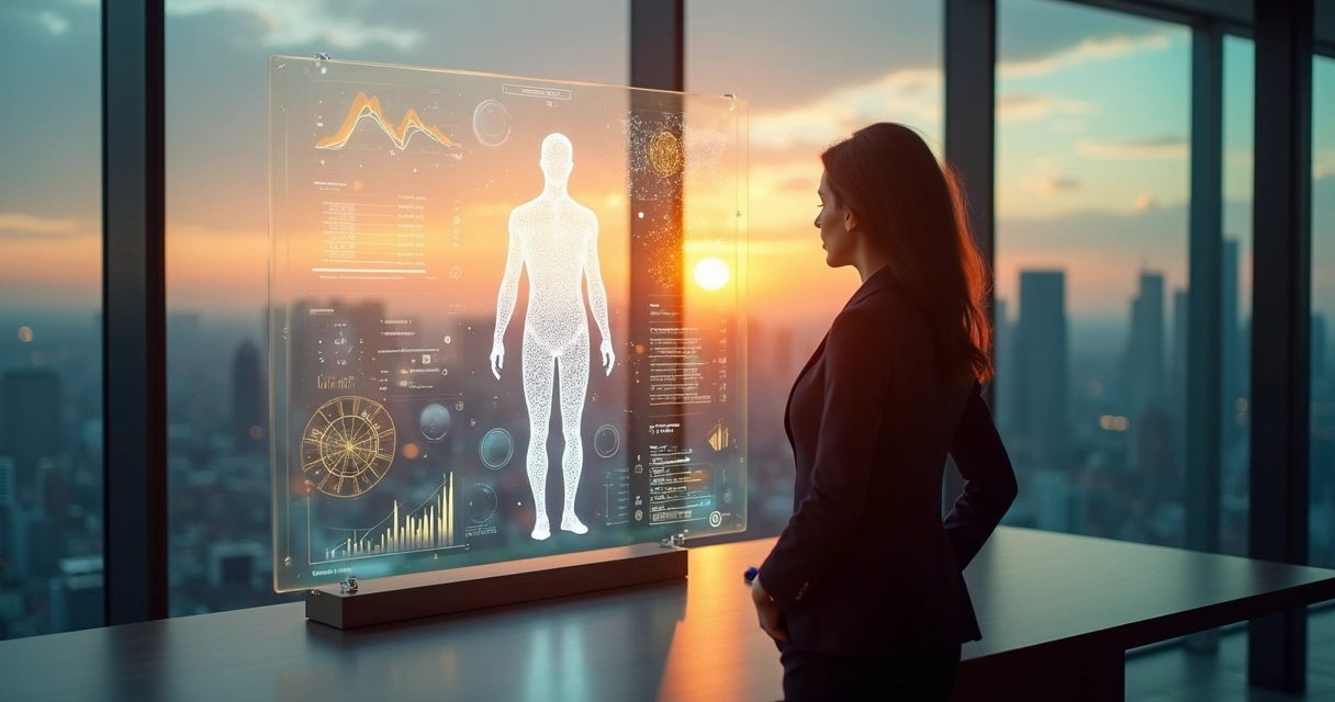 Executivo observando silhueta humana formada por dados e gráficos em um painel digital 