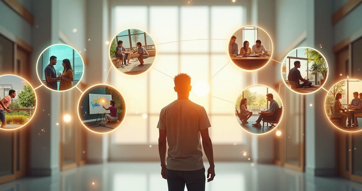 Pessoa no centro conectada a diferentes contextos de vida representando valoração humana ampla 