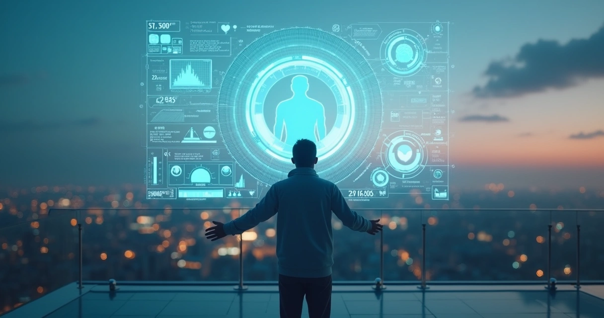 Pessoa em pé diante de tela digital com dados avaliando valor humano 