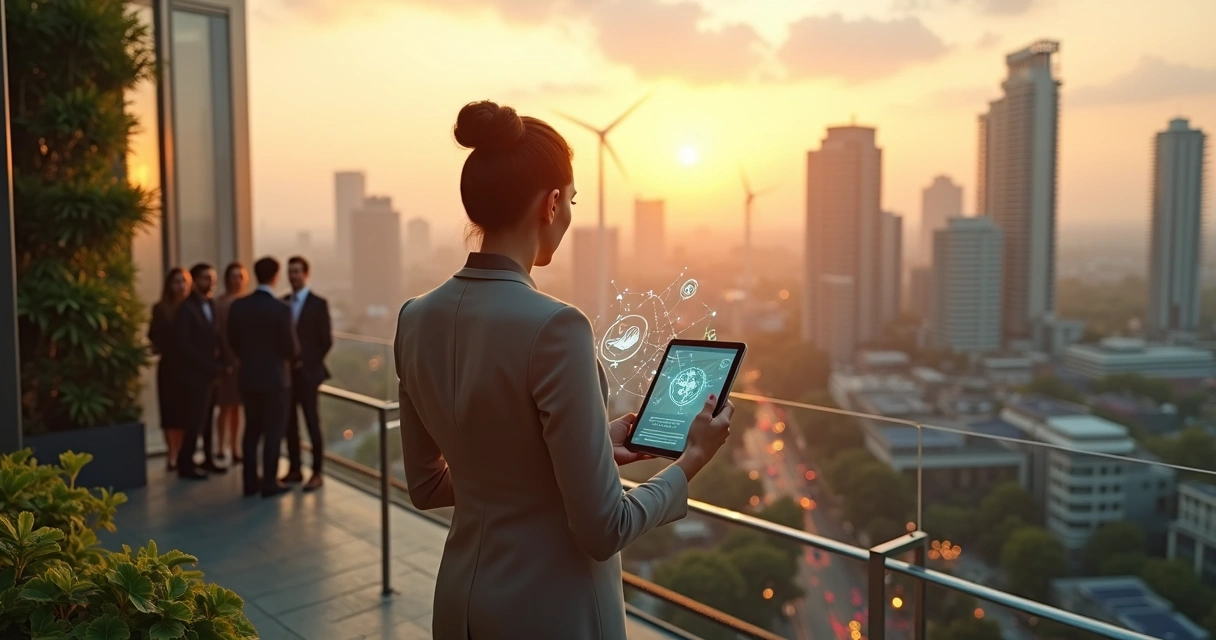 Executiva observando cidade sustentável com conexão entre pessoas e natureza 