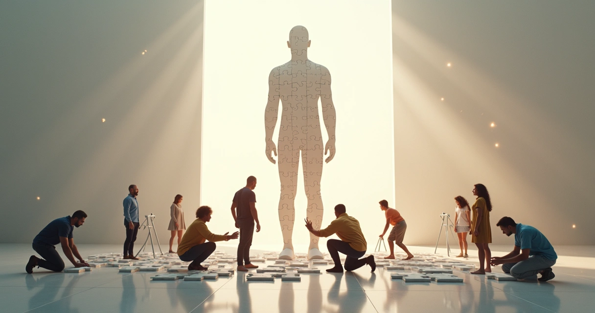 Grupo diverso de pessoas conectando peças de quebra-cabeça em forma de silhueta humana gigante 