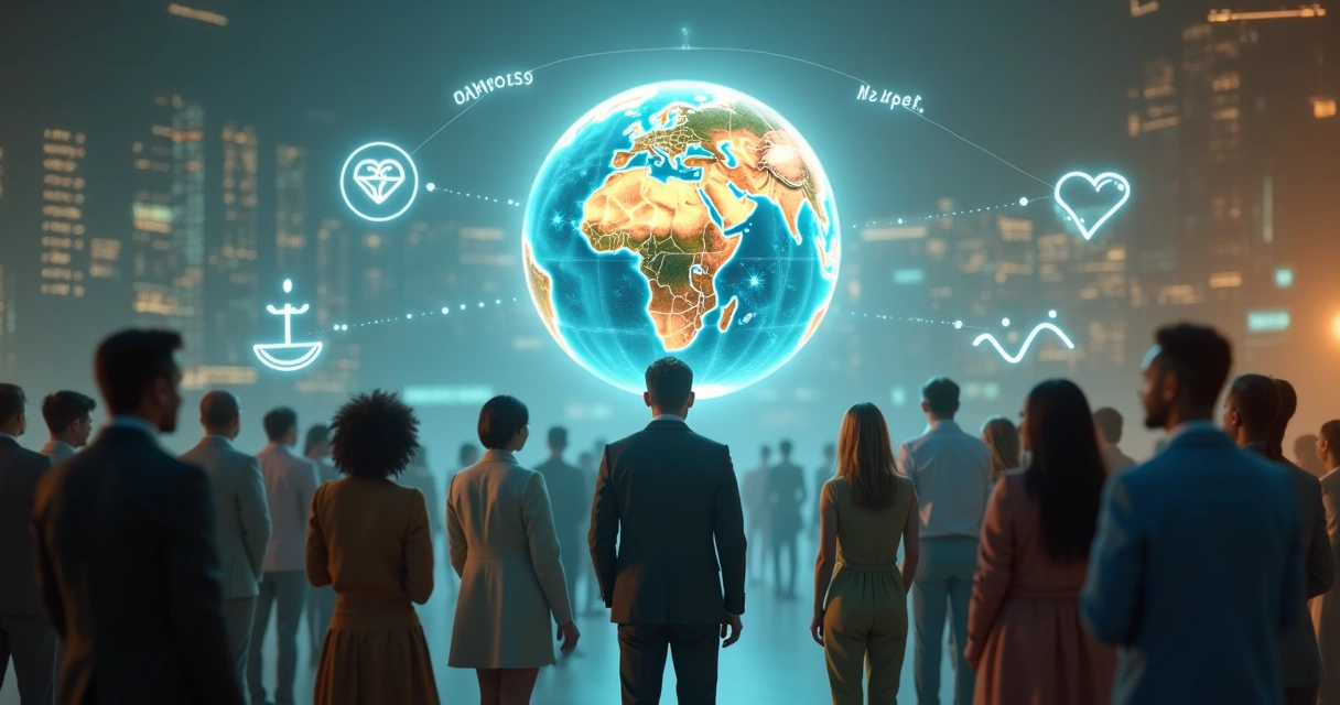 People connected by light lines around a glowing earth overlaid with human impact icons 