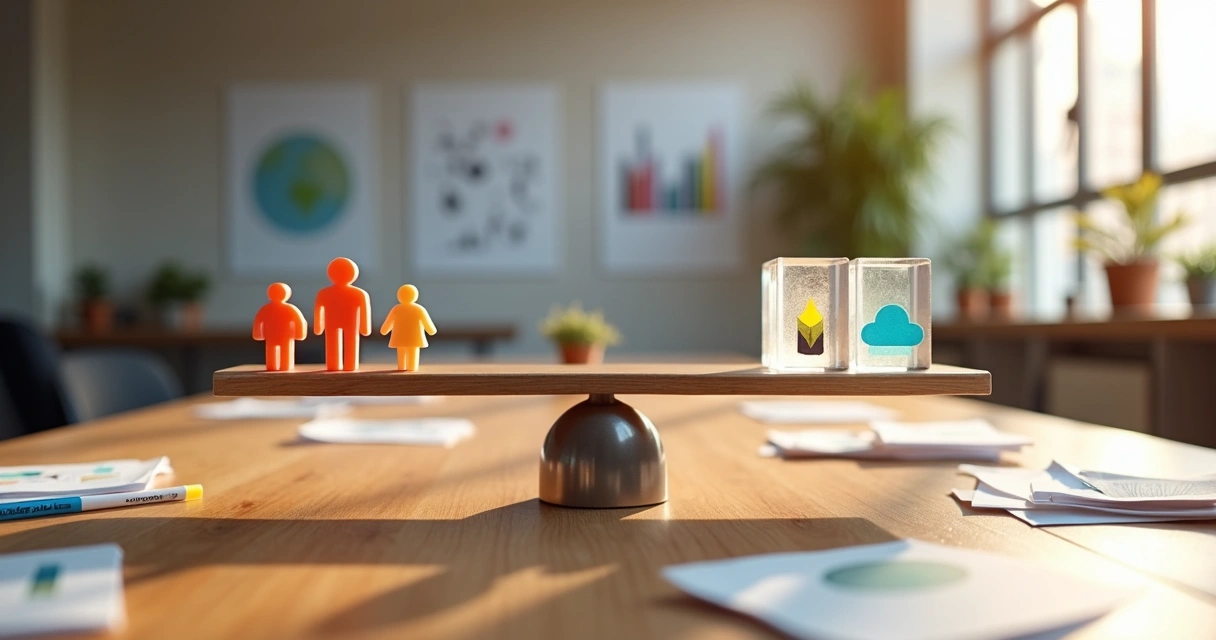 Balança de símbolos humanos e gráficos de impacto em mesa de organização social 