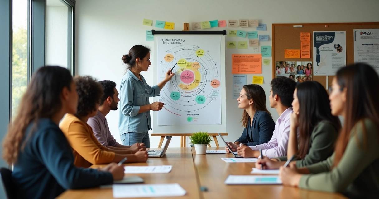 Líder de projeto social analisando impacto humano com equipe em mural de indicadores 