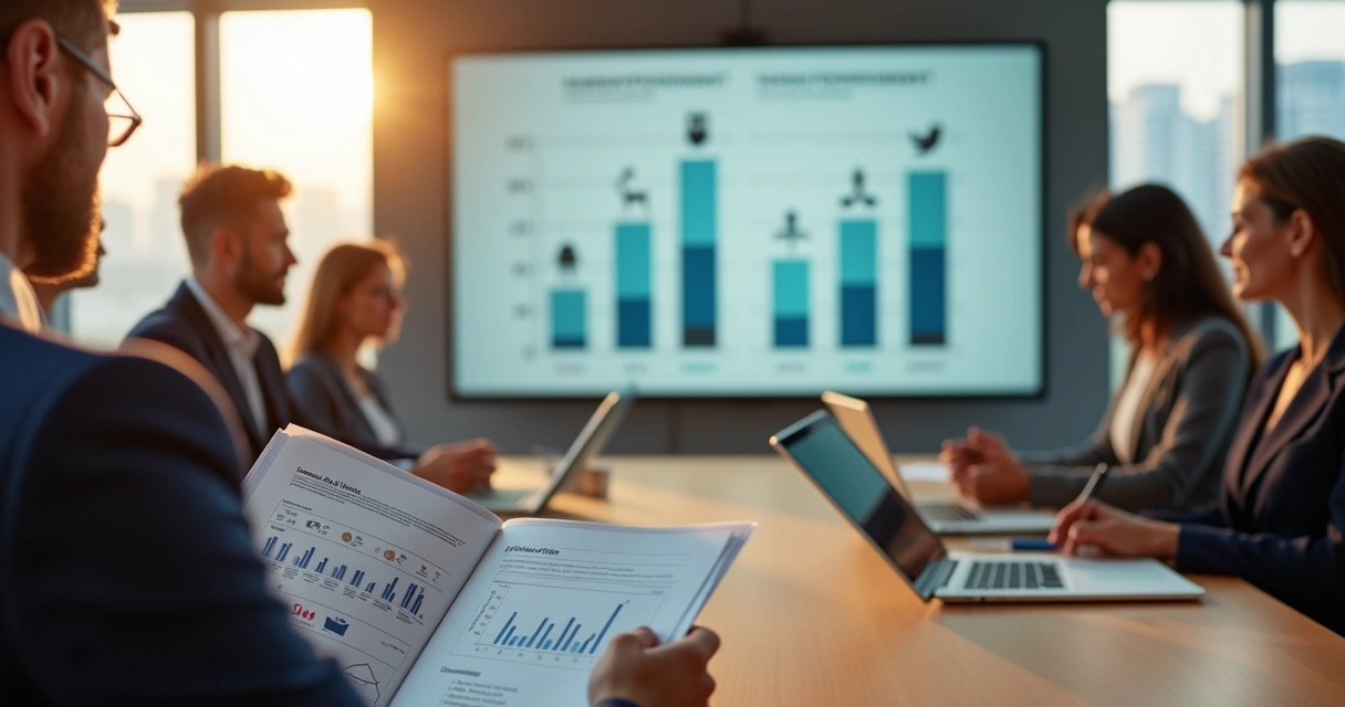 Líder avaliando responsabilidade social com equipe diversa e ícones de impacto humano e econômico 